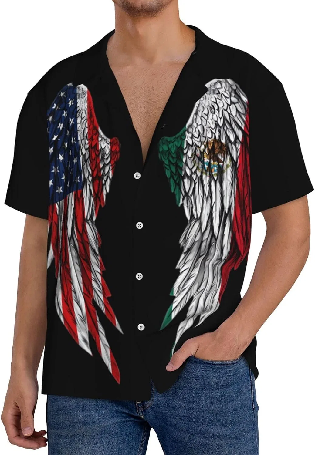 Мужская свободная рубашка с коротким рукавом Wings America and Mexico Flag, Black