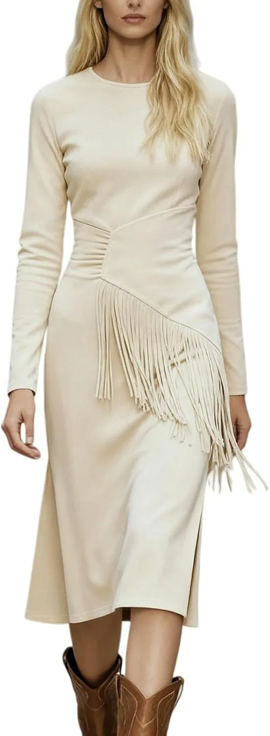 Женское платье с бахромой и замшей Vintage 70s, Beige