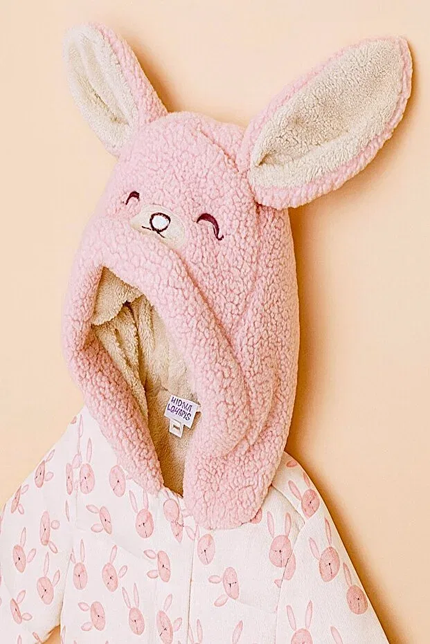 Детское пальто для девочек с принтом Cute Rabbit Patterned Dekubaby, Bej-Pudra Pembe — фото 2