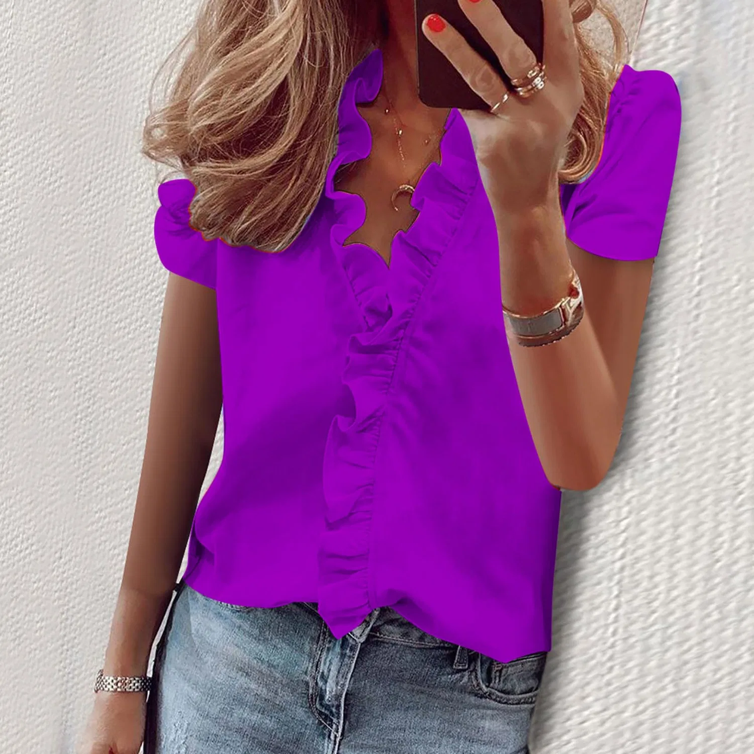 Женская блузка с V-образным вырезом и воланами, с коротким рукавом, Short Sleeve-purple 01 — фото 2