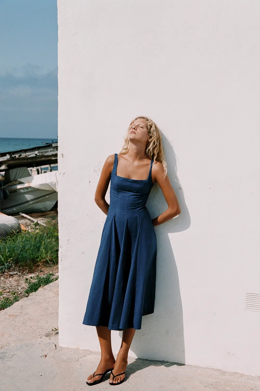 Платье миди Popelin Godet ZARA, Navy blue