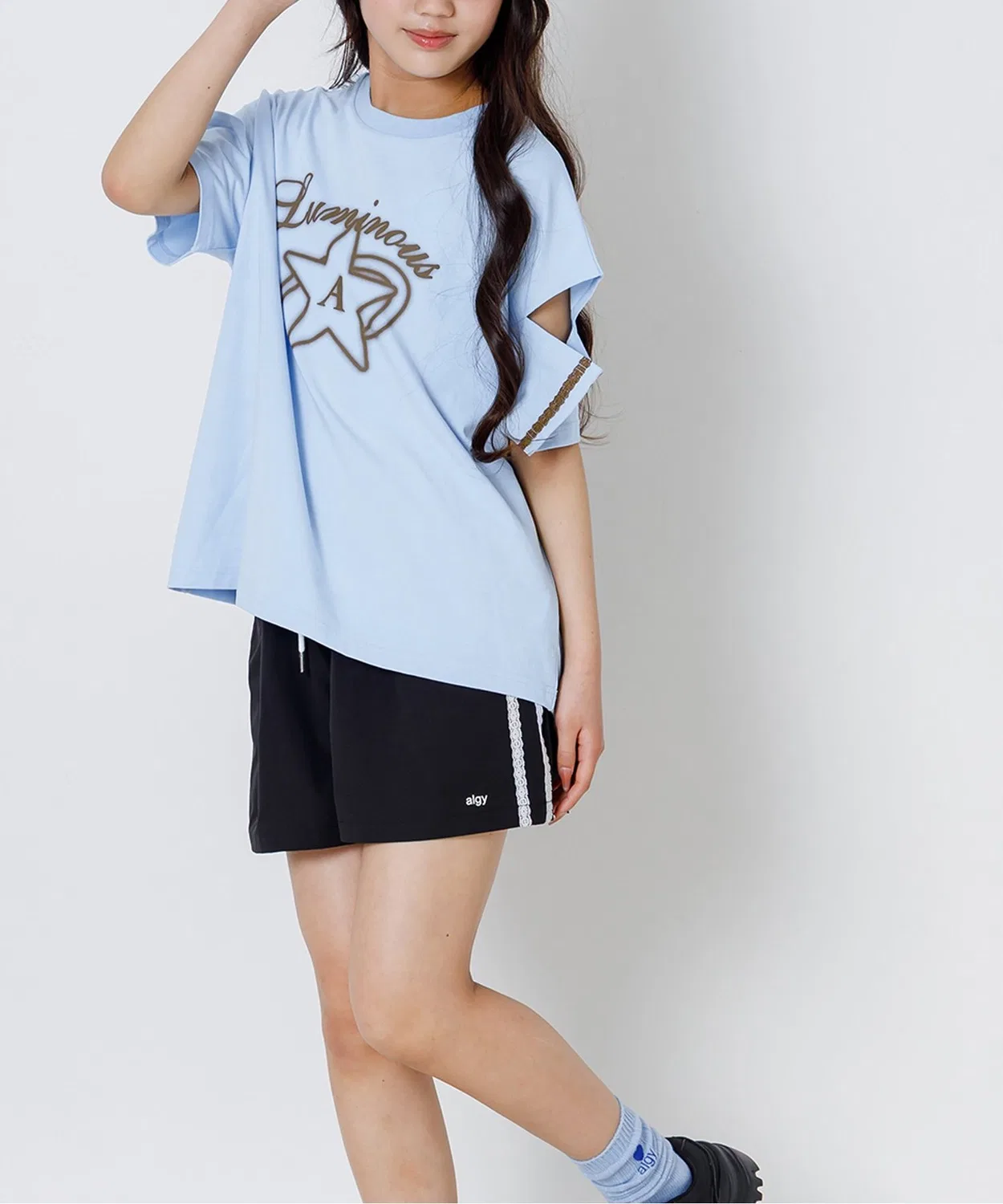Детский комплект из футболки и шорт с кружевом, модель Lace Line BIG, algy, Sax Blue