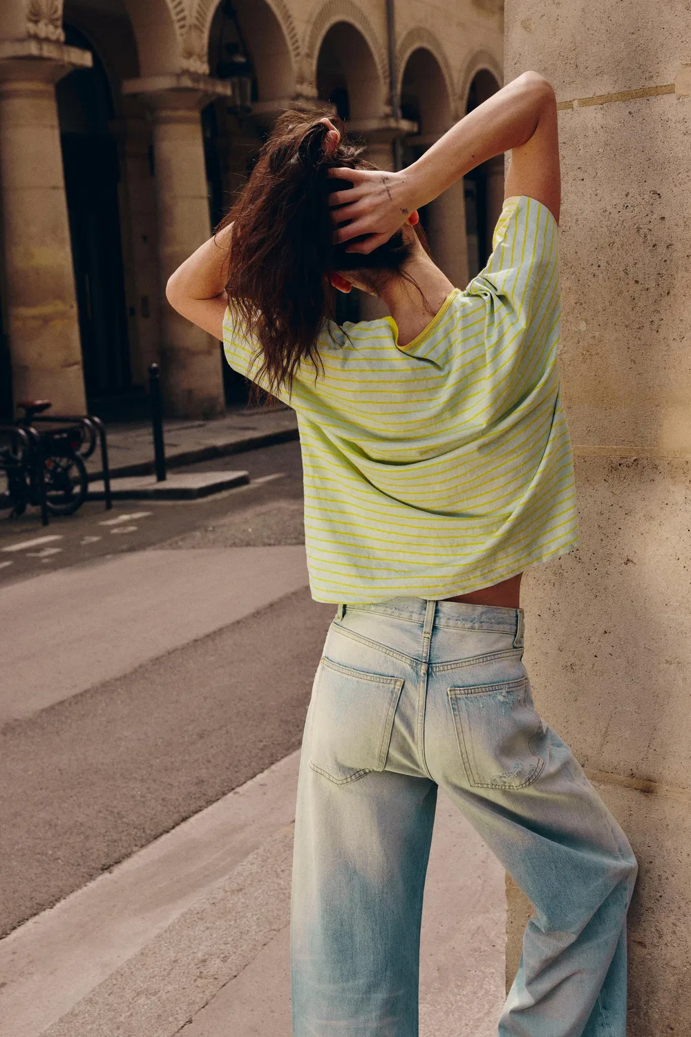 Футболка в полоску из хлопка и льна ZARA, washed green — фото 4