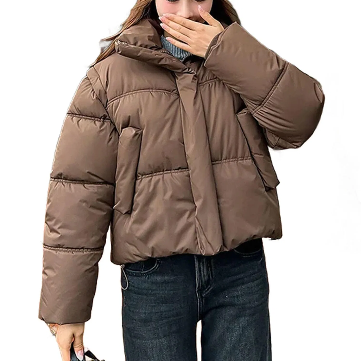 Женское зимнее пальто с коротким съемным рукавом и капюшоном, brown