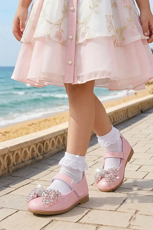 Детские балетки для девочек с принтом Dongan velcro stoned bowknot Kiko Kids, White - White — фото 3