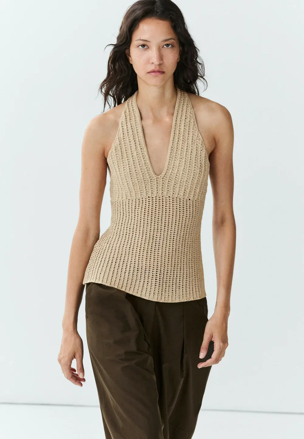 Вязаный крючком топ из смесовой хлопковой ткани Massimo Dutti, Beige