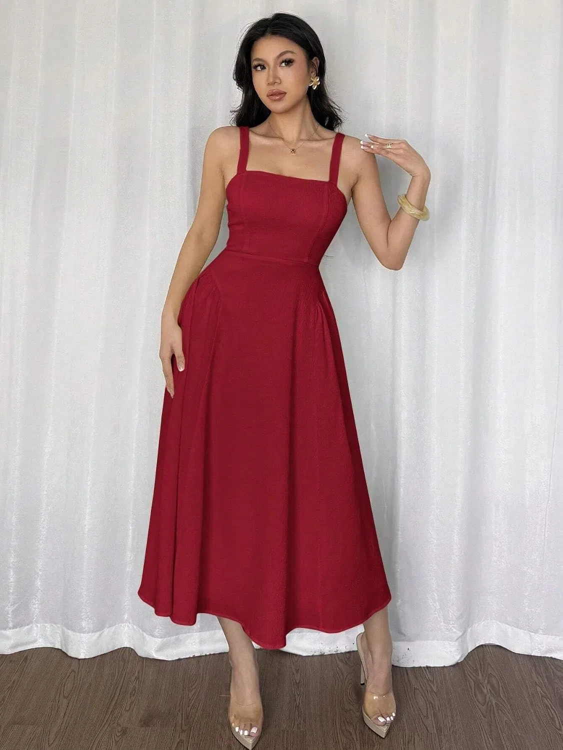 Женское миди-платье на бретелях A-силуэта Burgundy — фото 4
