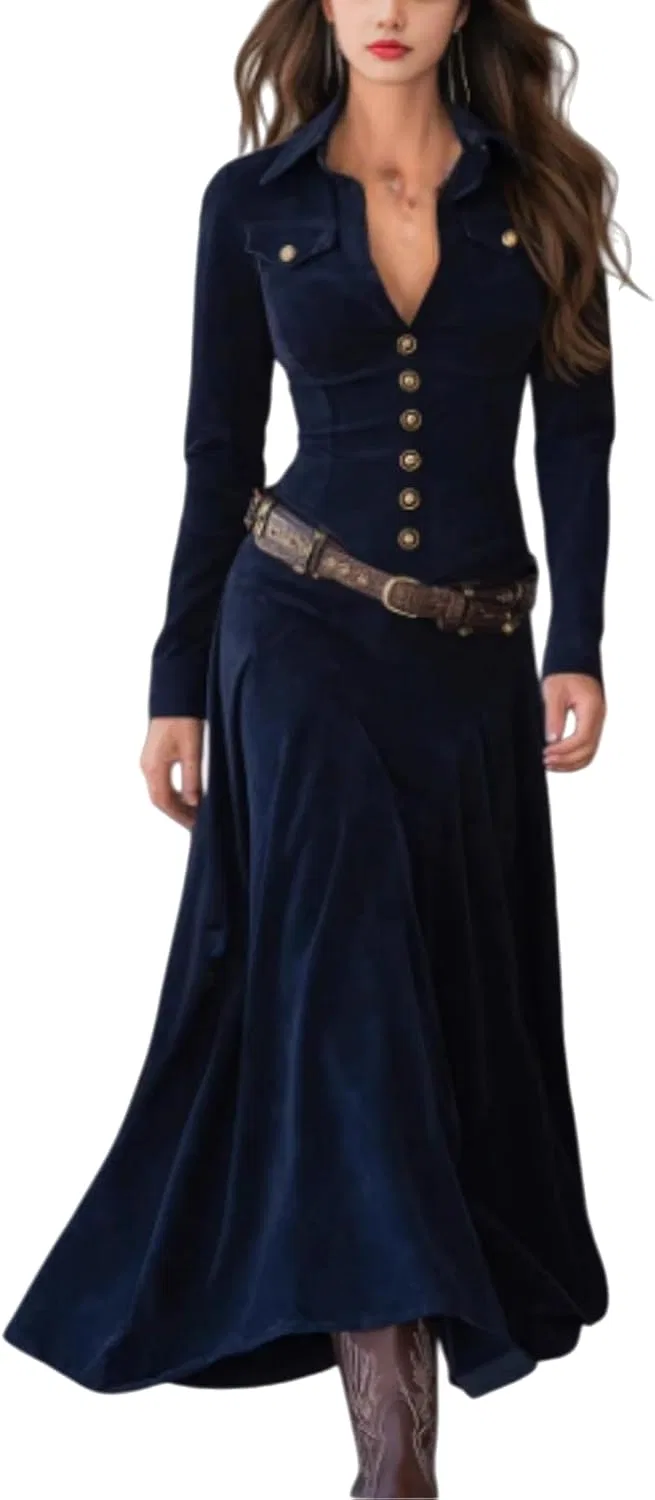 Женское платье миди с V-образным вырезом Western Dress, Dark Blue