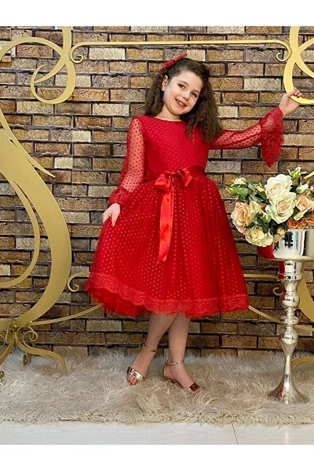 Детское платье для девочек с принтом в горошек Abiyekids, Red — фото 4