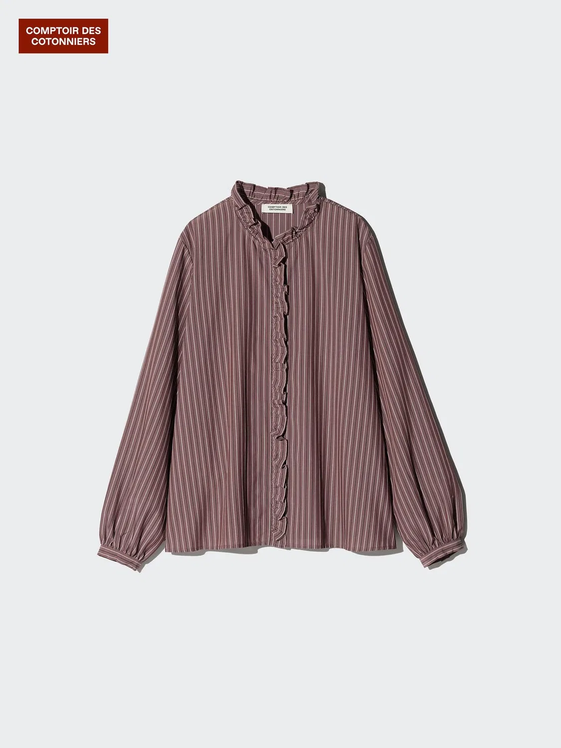 Рубашка Uniqlo, женская, полосатая с оборками, коричневый — фото 3