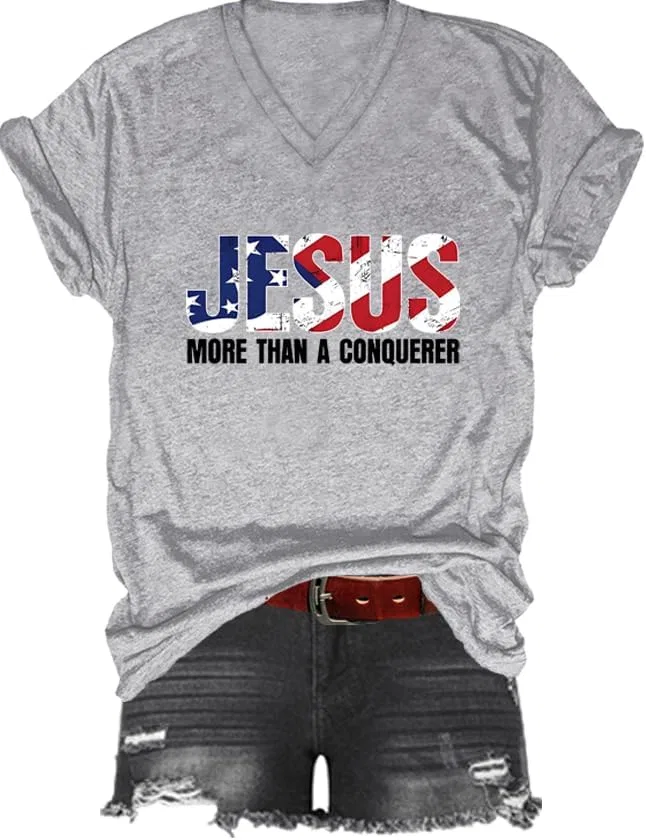 Футболка с принтом V-образным вырезом Jesus More Than A Conqueror, Grey