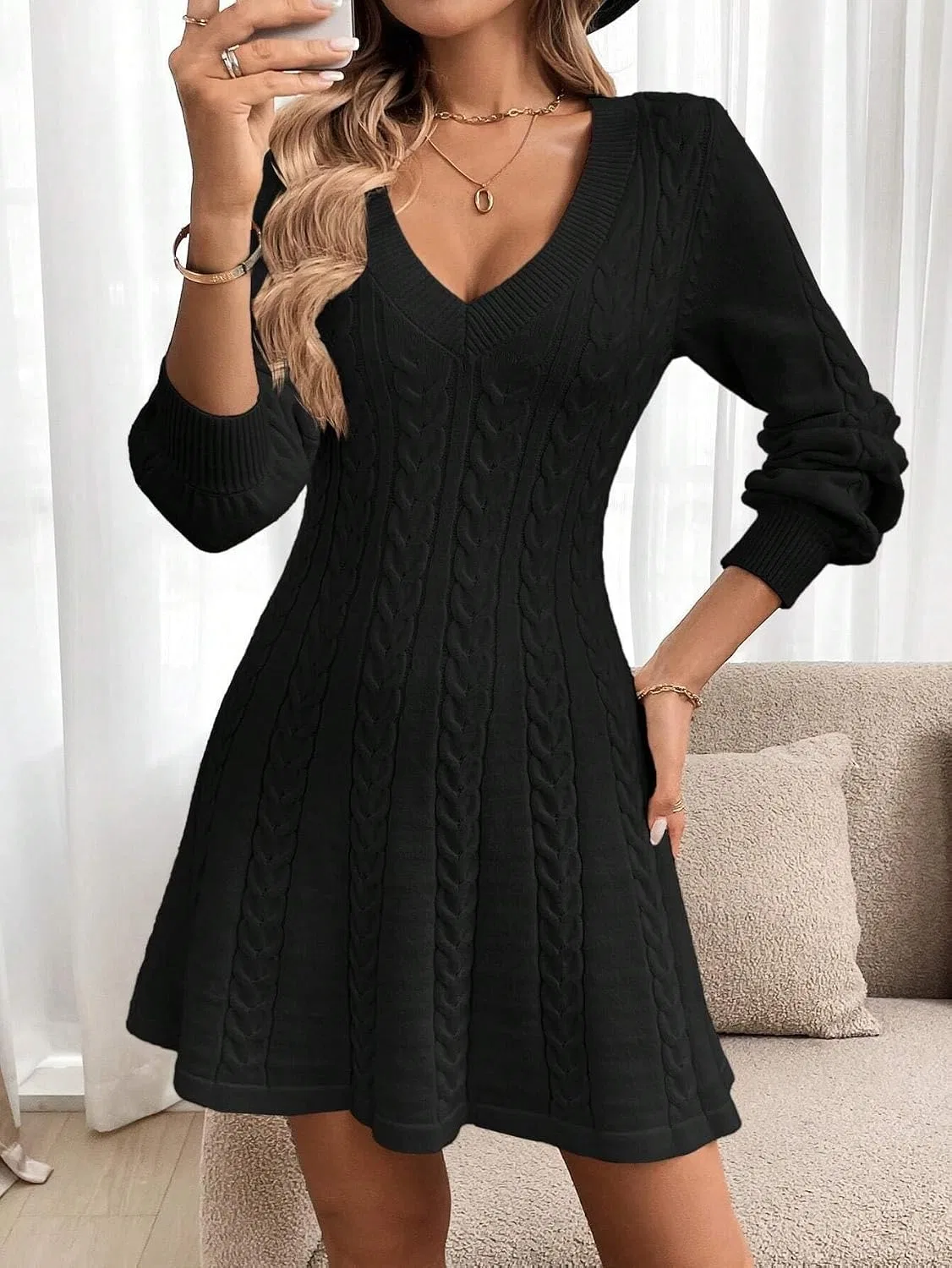 Женское повседневное платье с V-вырезом, длинным рукавом, Black — фото 2