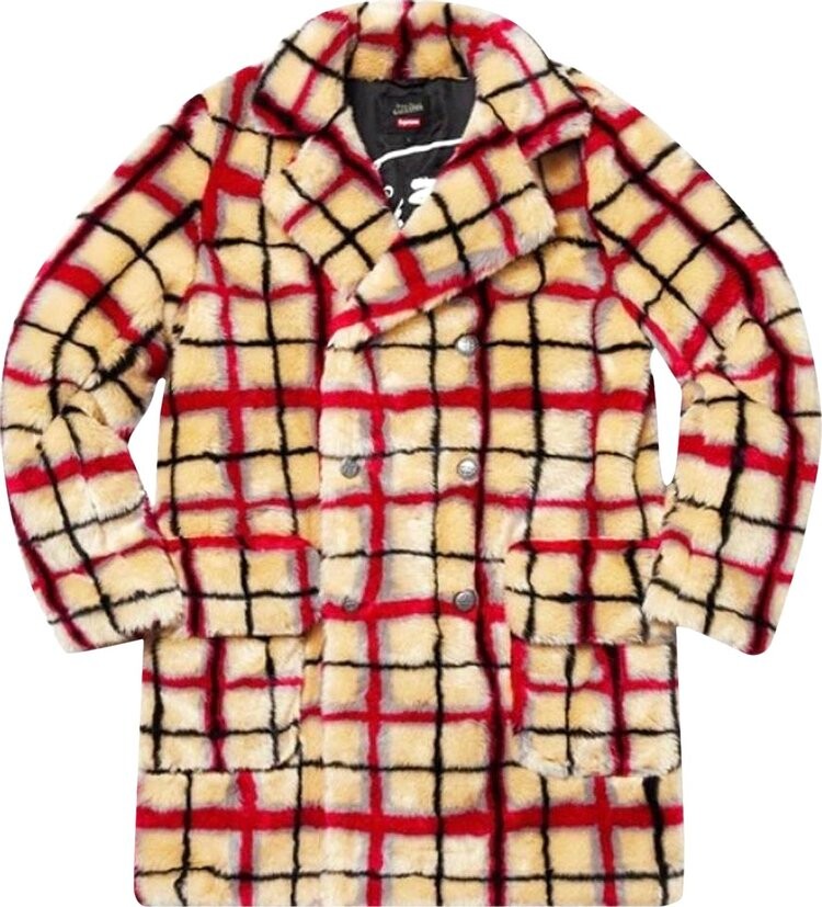 Пальто Supreme x Jean Paul Gaultier Double Breasted Plaid Faux Fur Coat 'White', белый — фото 2