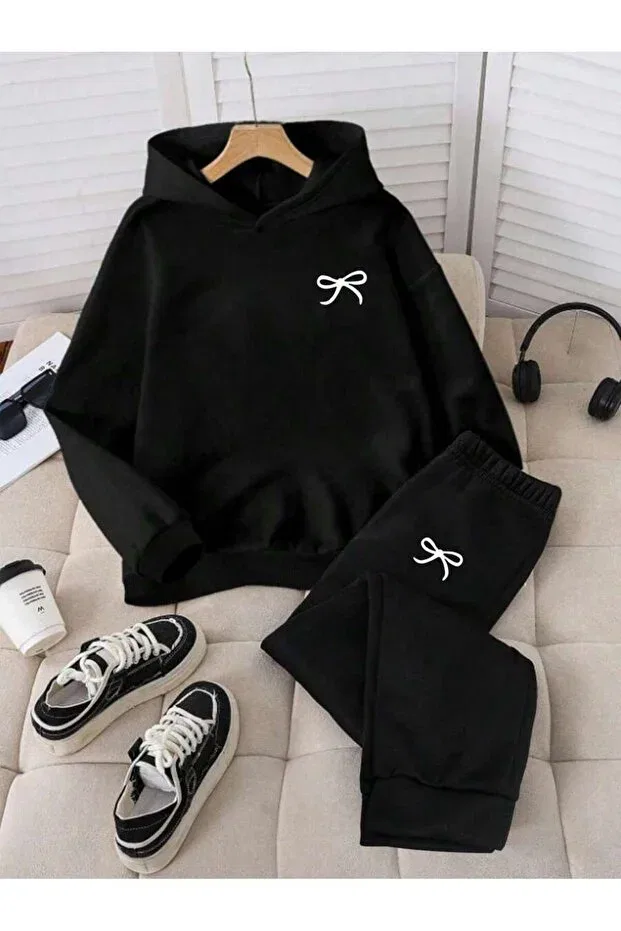 Детский спортивный комплект для девочек с принтом Kurdele Printed Hooded Kombin Lower Upper Svart Wear, Black
