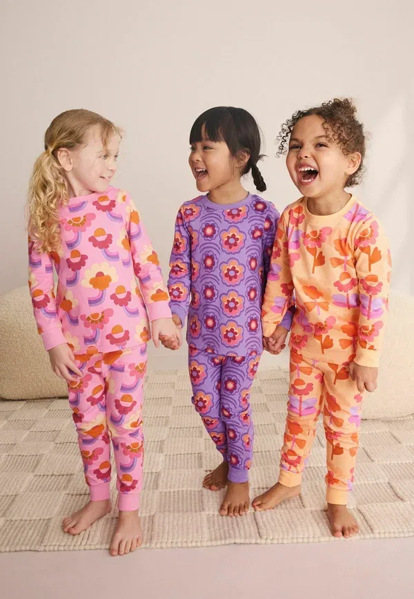 Пижамный комплект из 3 предметов, хлопок, Regular Fit Retro Floral Print Snuggle Pyjamas 3 Pack, Next, Pink, Purple, фиолетовый/розовый