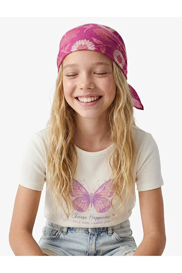 Детская футболка для девочек с принтом Cotton Short Sleeve Crew Neck Butterfly Print T-Shirt Koton, Ecru
