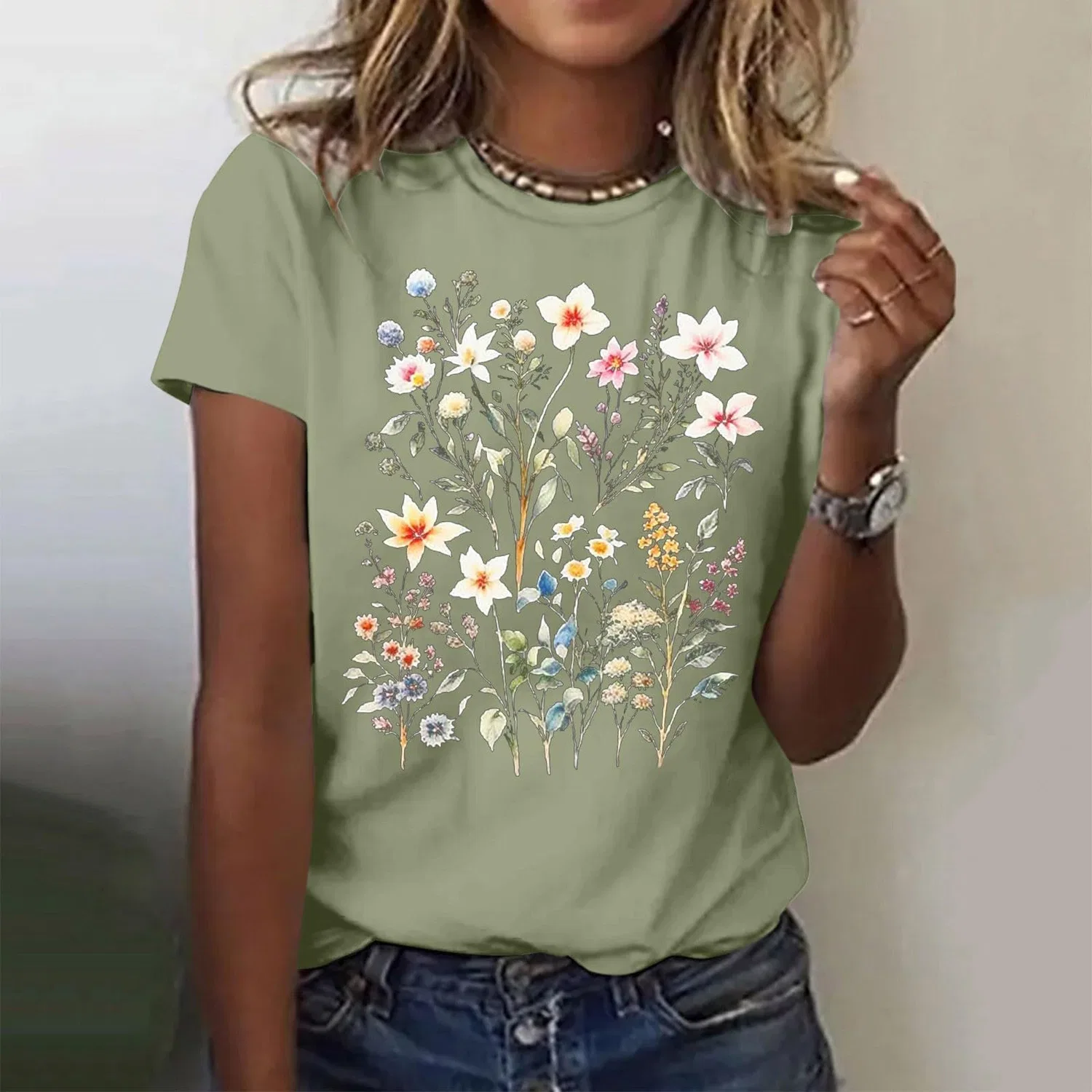 Женская футболка с принтом Girls Graphic Satin Blouses Loose Tops Plus Size Summer Sunflower Women's Basic Cotton Top, 2-green — фото 2