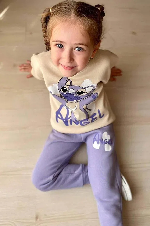 Детский комплект спортивного костюма для девочек с принтом Stitch Character and Angel Text Riccotarz, Lilac