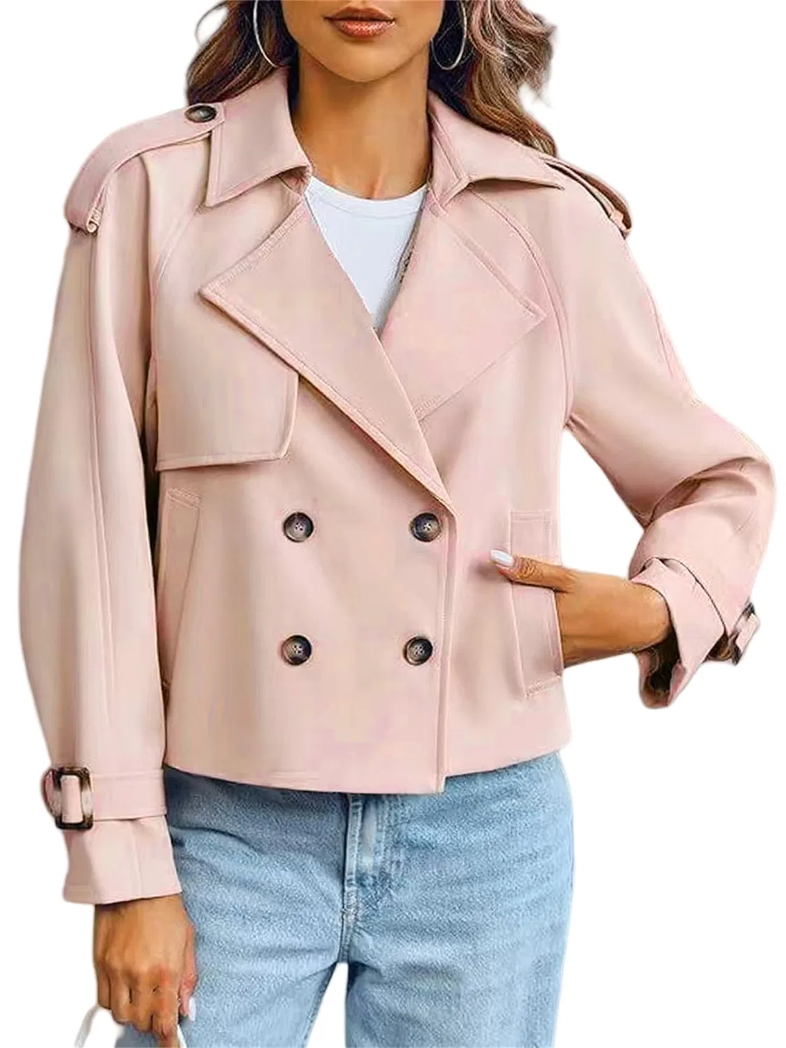 Женское двубортное пальто с лацканами, осеннее, pink