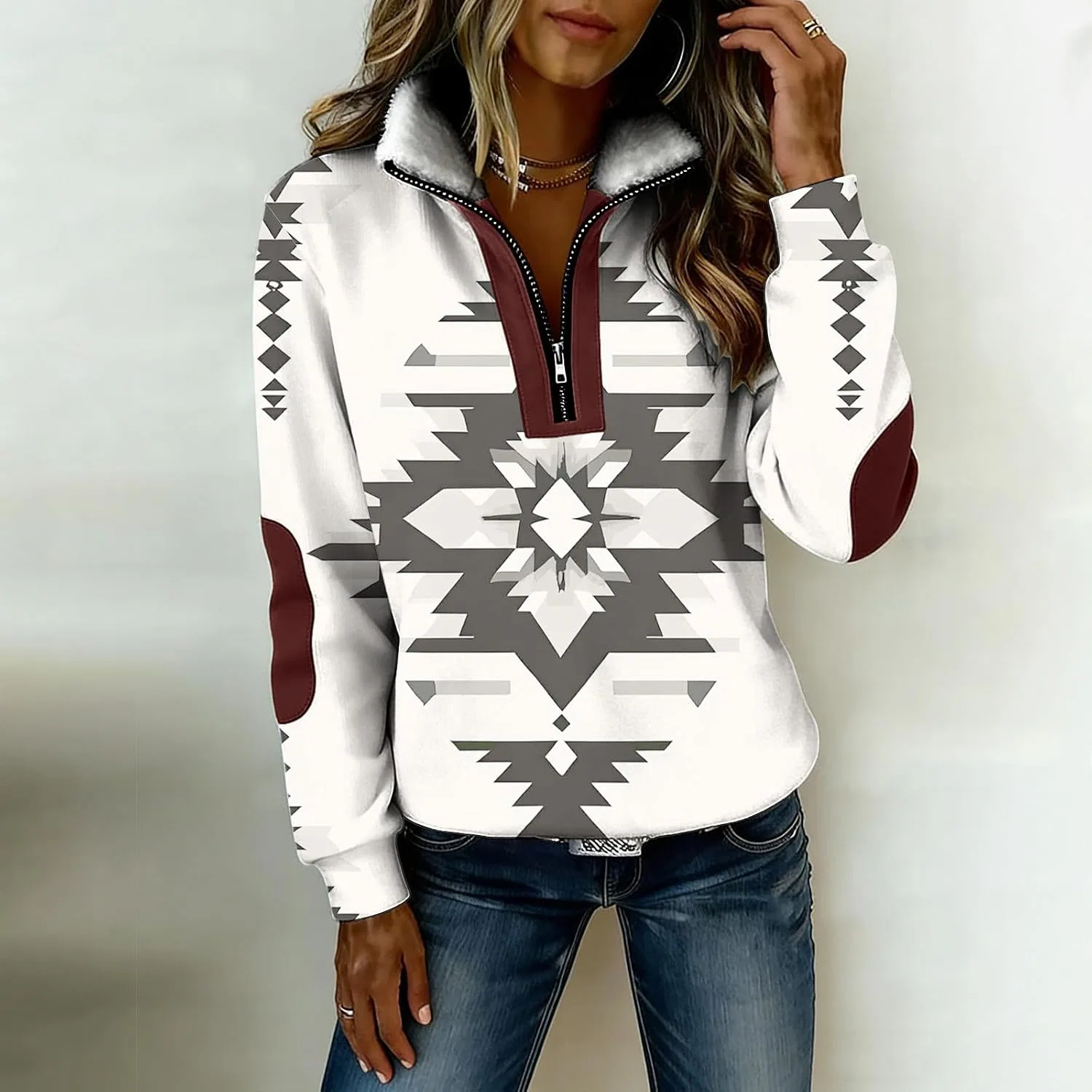 Женский свитшот с четвертью-молнией, принт, Western Aztec Print, мультиколор — фото 3