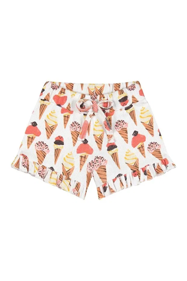 Детские шорты для девочек с принтом Organic White Ice Cream Love Patterned Ruffled Elastic Waist Lace-Up Baby Girl, Antebies, Red