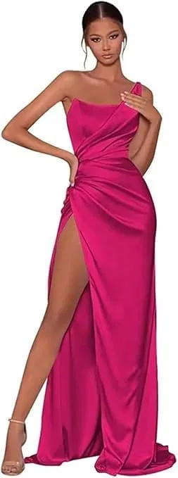 Женское атласное платье-русалка с одним плечом Hot Pink