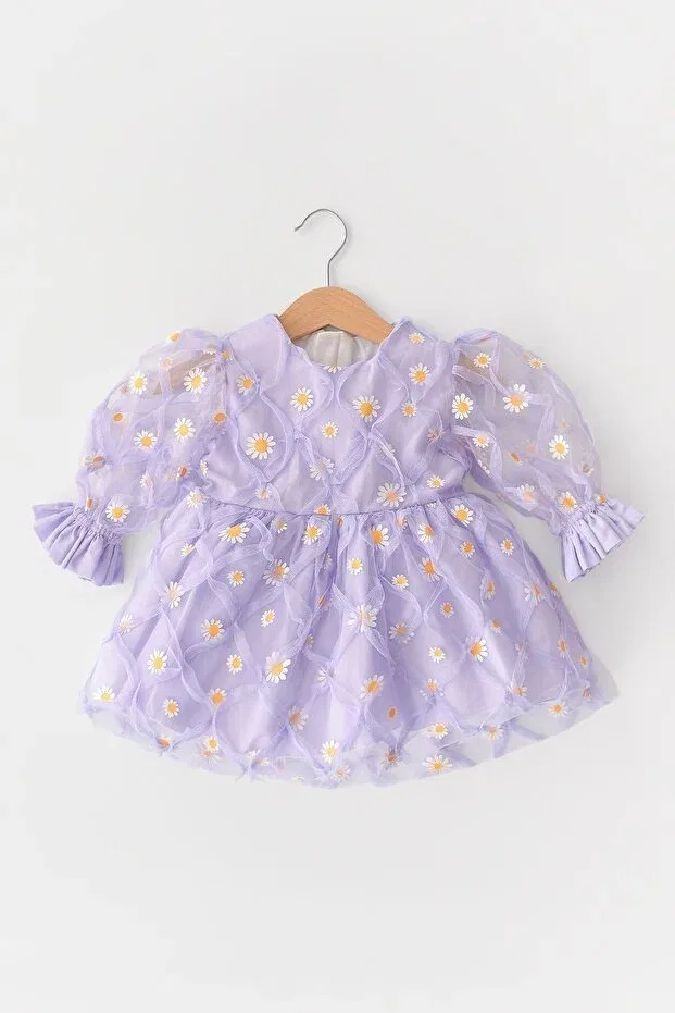 Детское платье для девочек хлопковое Alyssa baby girl kids cotton lined daisy printed fluffy tulle dress Banamio, Lila — фото 4