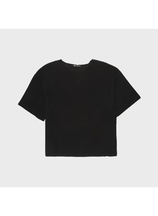 Пуловер с вертикальными полосками с коротким рукавом Zara, черный — фото 2
