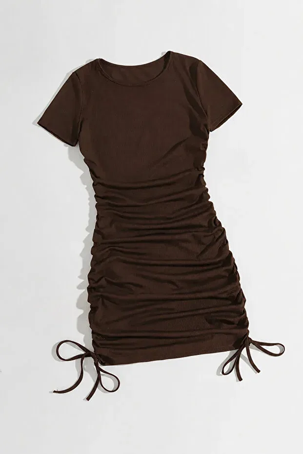 Детское платье для девочек с принтом Drawstring Short Sleeve Brown Dress Keywest, Brown