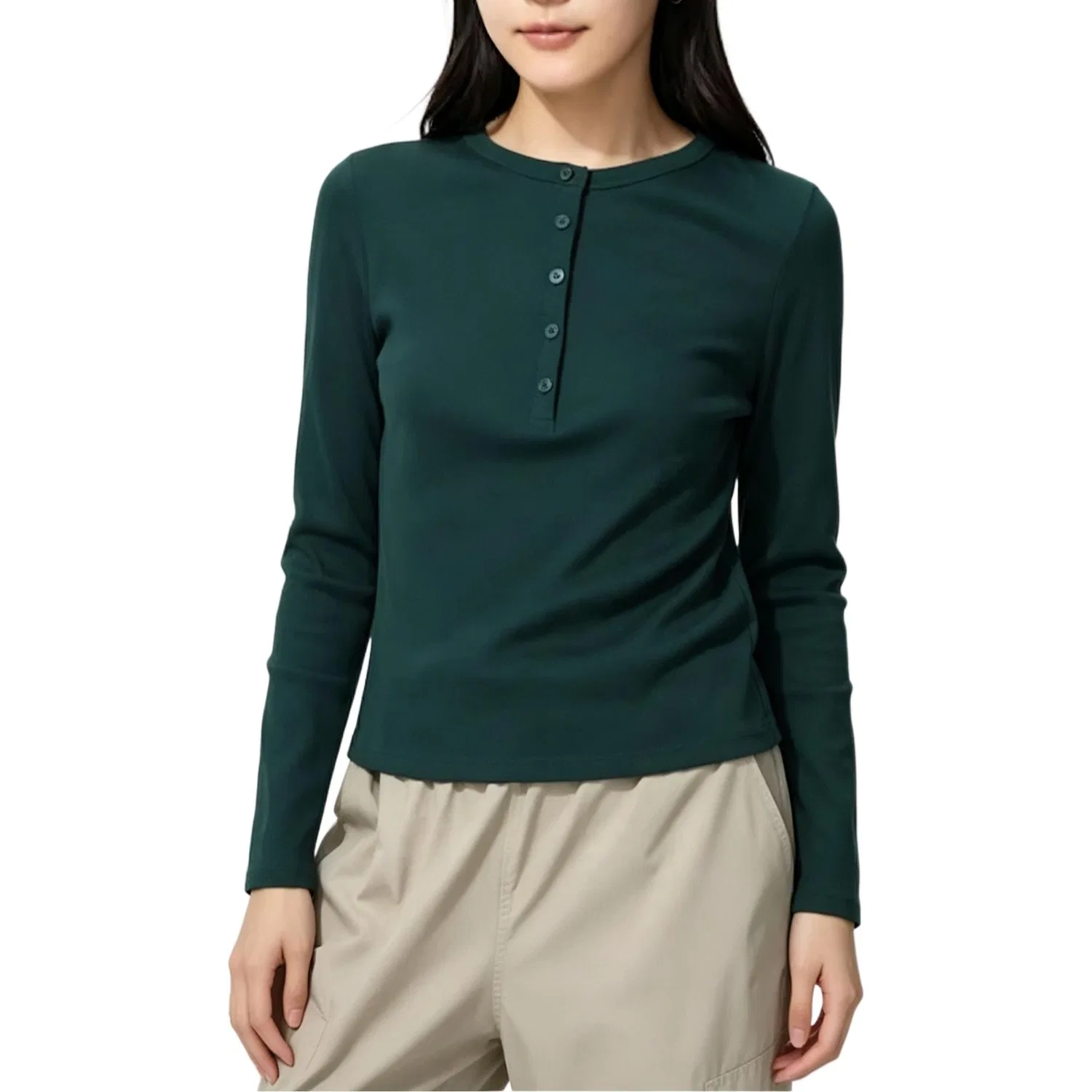 Женская футболка с воротником-стойкой Dark Green UNIQLO, Темно-зеленый
