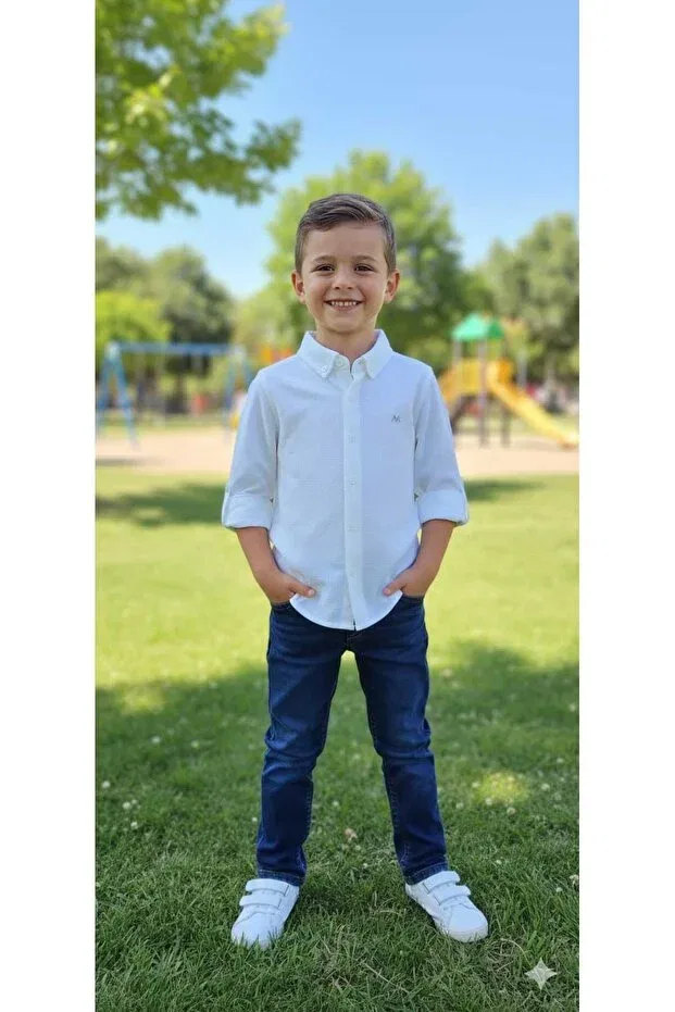 Детская рубашка для мальчиков с длинным рукавом Huzeyfe Kids, White