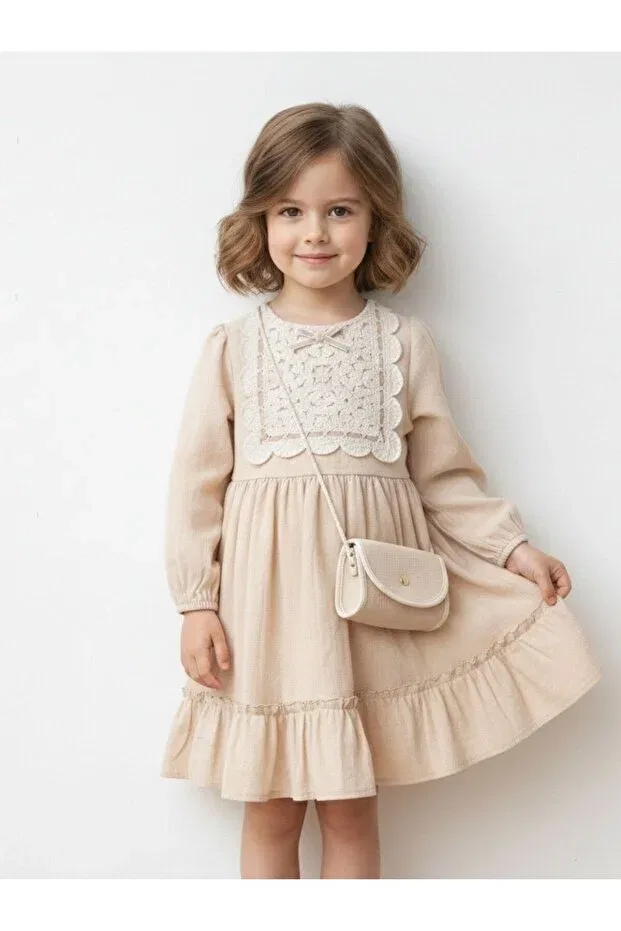 Детское платье для девочек с кружевным узором Cherrys Bebek, Beige