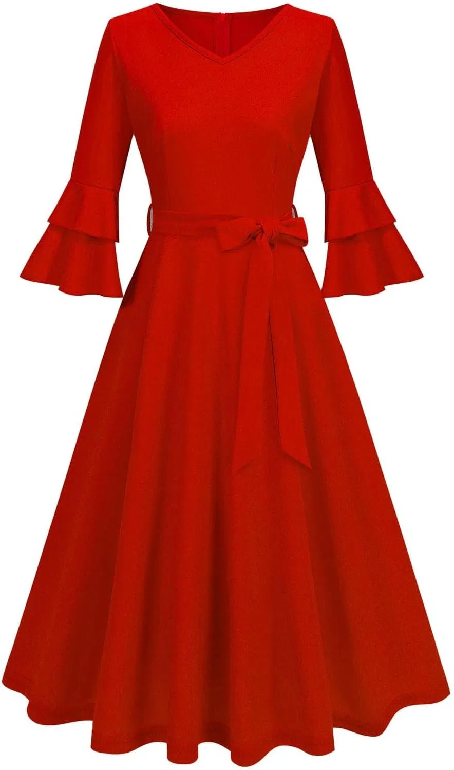 Женское платье-трапеция с драпировкой и рукавом 3/4 колокол, Audrey Hepburn Style, красный
