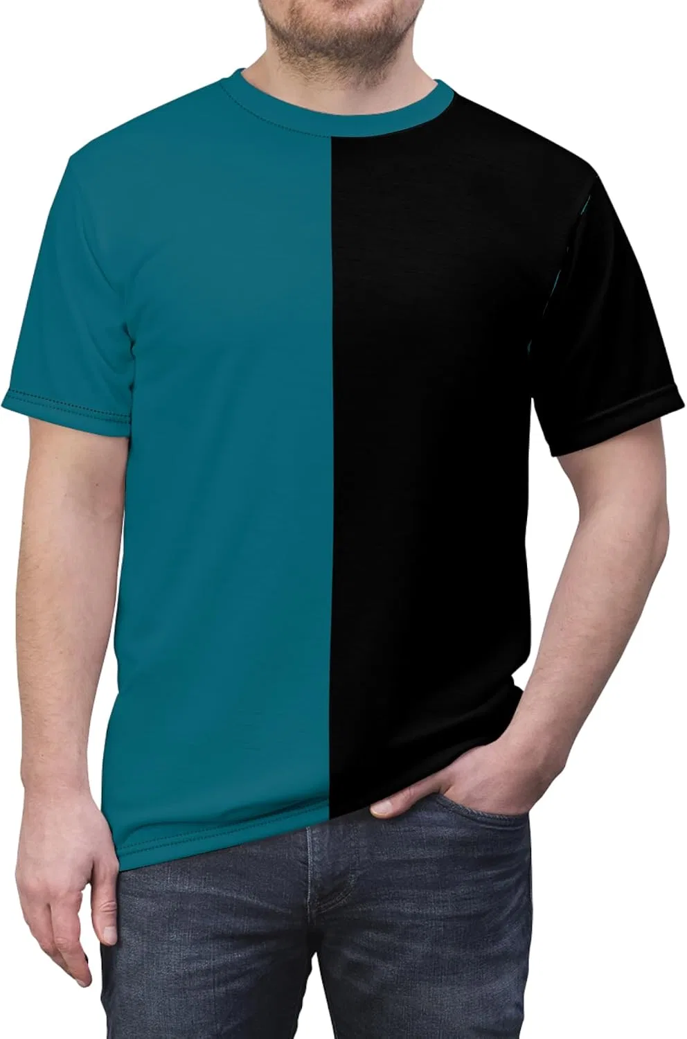 Футболка с принтом Half Teal Blue & Half Black, Black Stitching