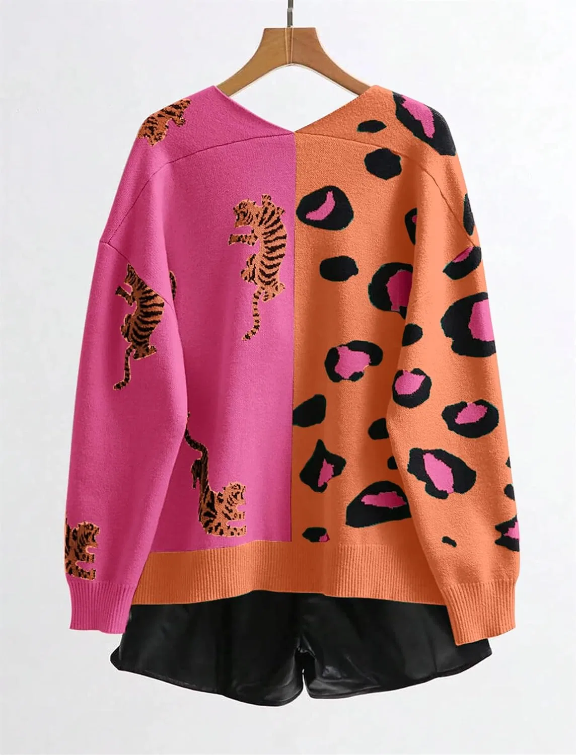 Женский кардиган с принтом леопарда, Long Sleeve Color Block, оранжевый — фото 2