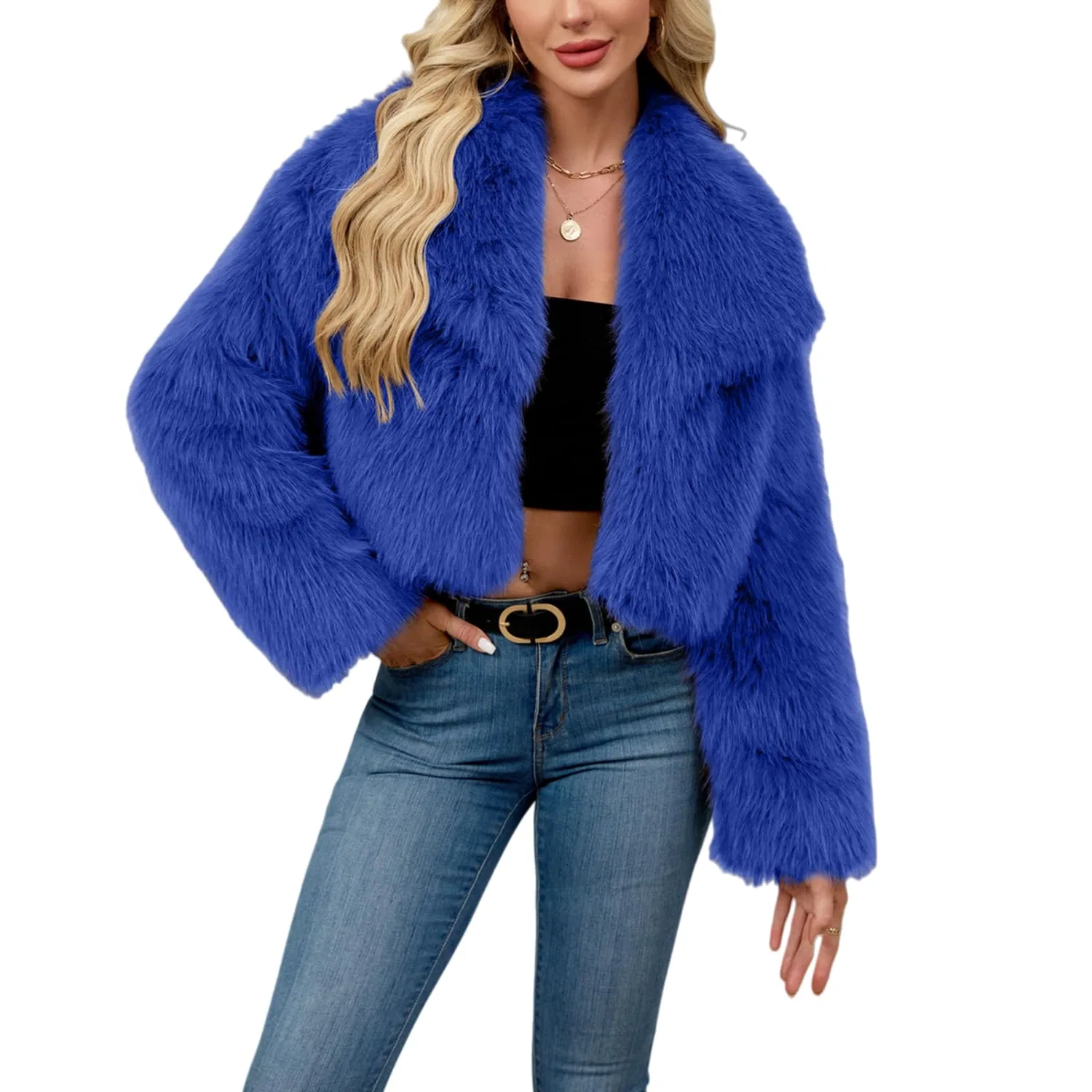 Женское пальто из искусственного меха с коротким воротником, dark blue