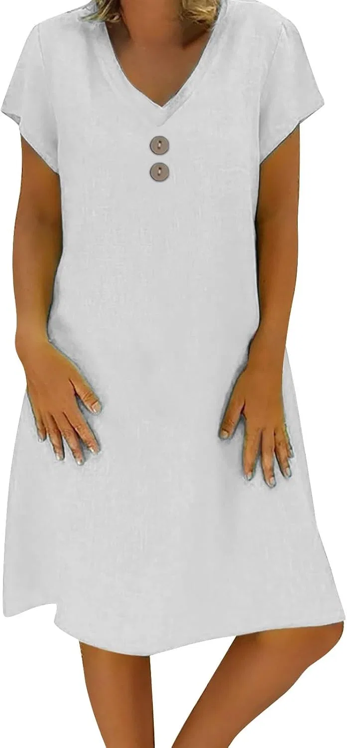 Женское повседневное платье миди V-образным вырезом Cotton Linen, White