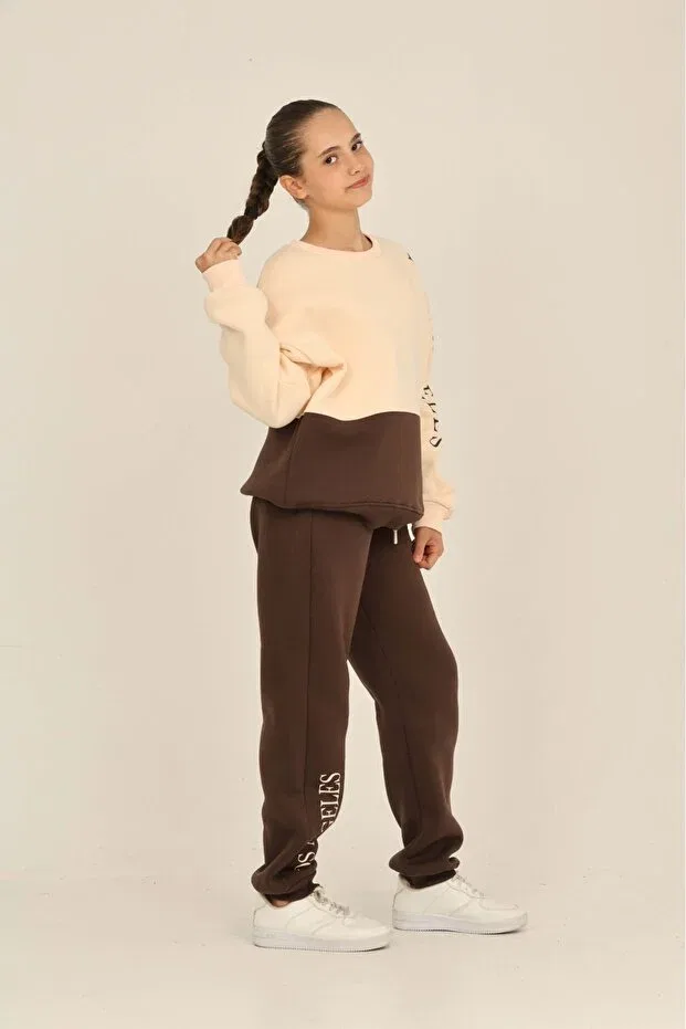 Детский спортивный костюм для девочек с принтом Los Angeles Printed Tracksuit Set Toontoy, Brown — фото 3