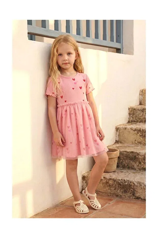 Детское платье для девочек хлопковое Girl'S cotton pink heart printed tulle dress Magu, Pink — фото 2