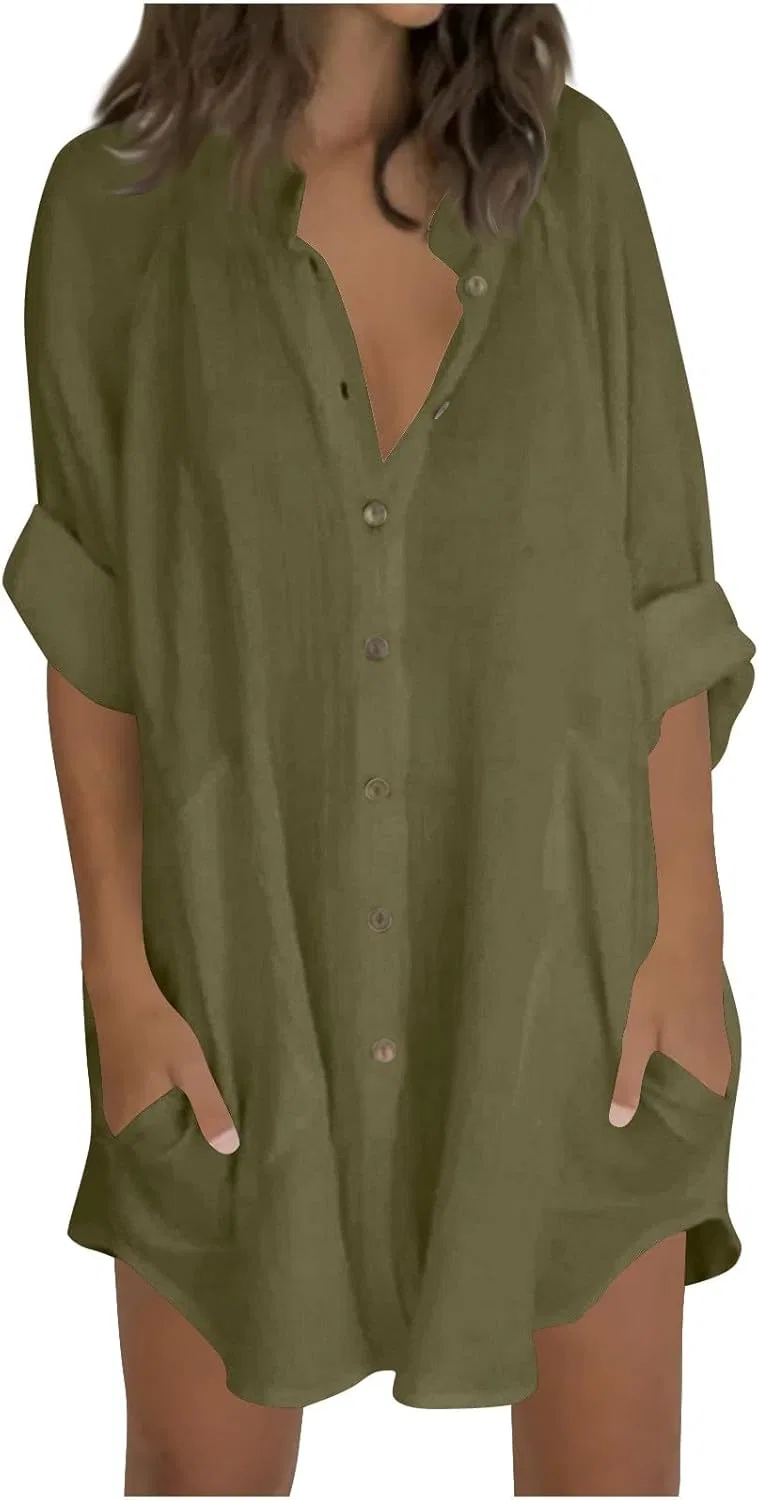Женская туника из хлопка и льна с пуговицами Pelang, C-green