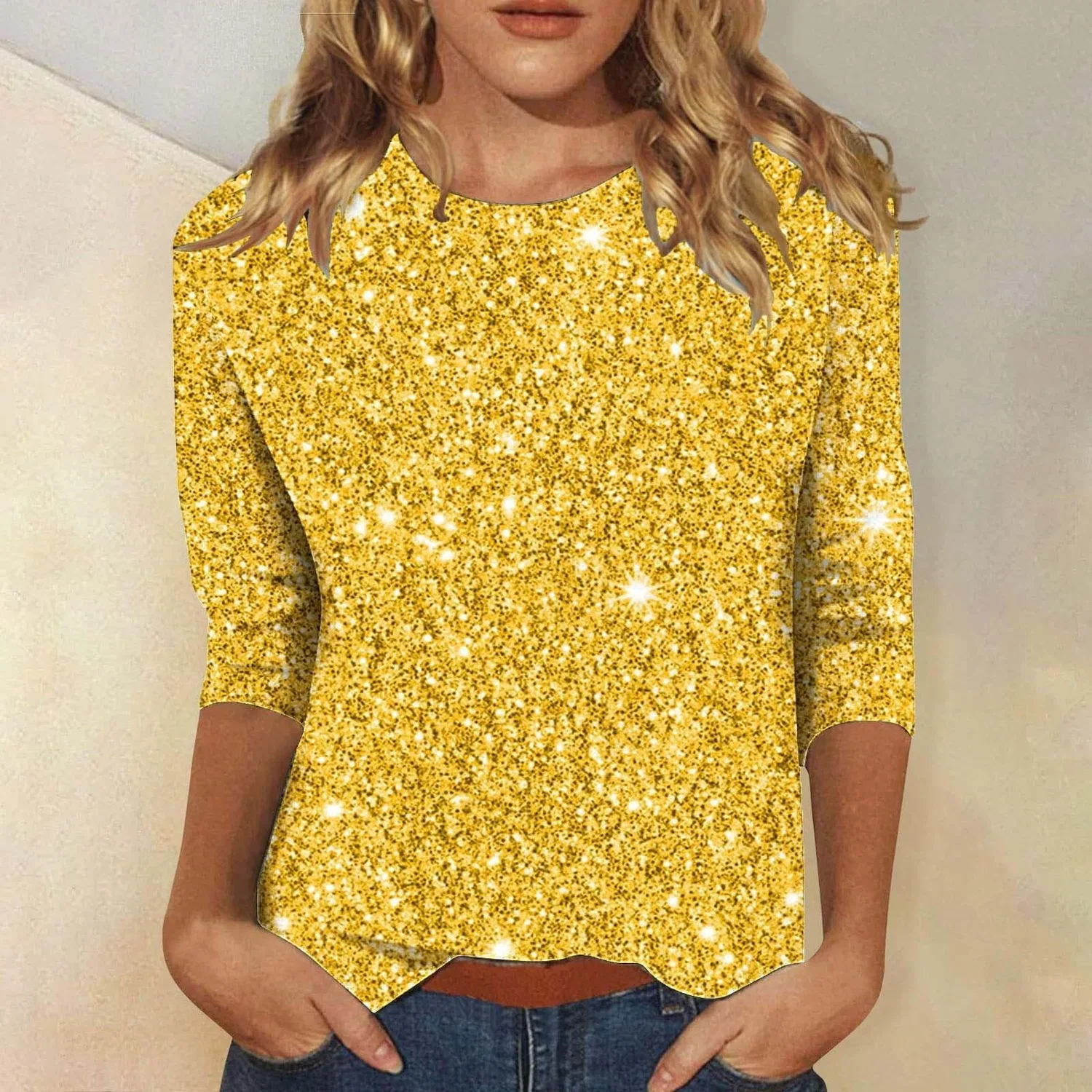 Женская футболка с блестками V-образным вырезом Retro Top, Giallo — фото 2