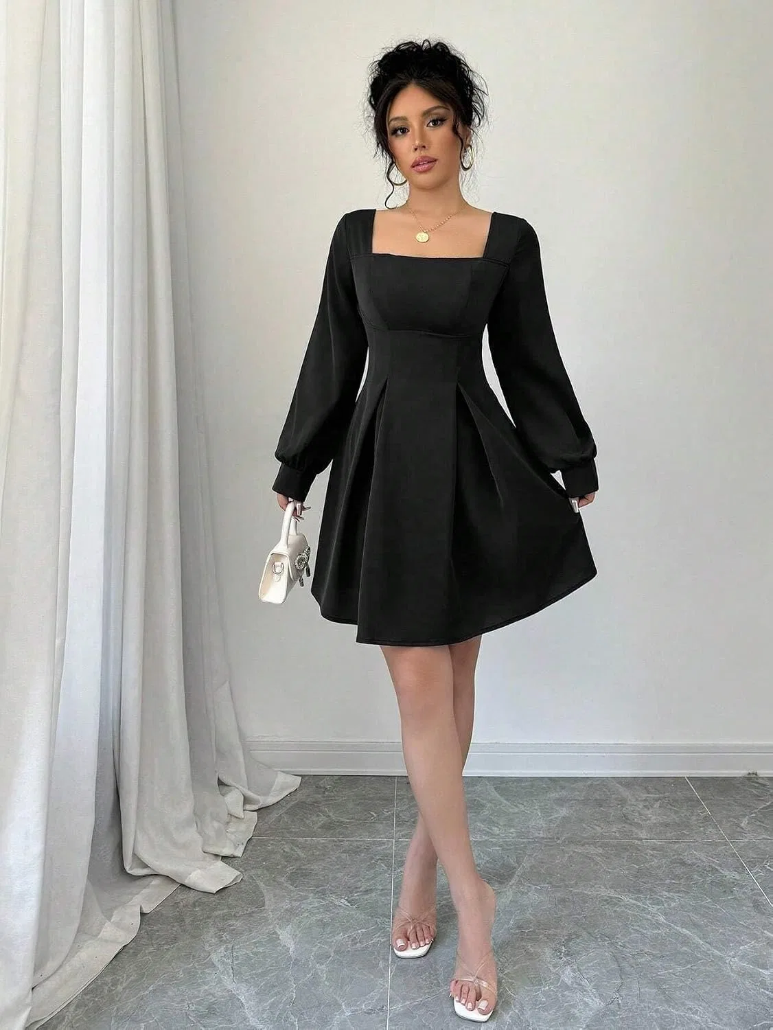 Женское A-силуэта мини-платье с длинным рукавом, Black — фото 4