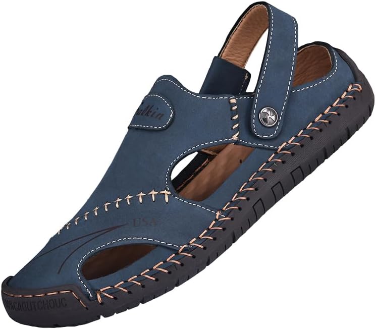 

Мужские кожаные сандалии-рыбаки с закрытым носком, спортивные сандалии с вырезами, слипоны, римские повседневные летние пляжные шлепанцы Salkin, темно-синий