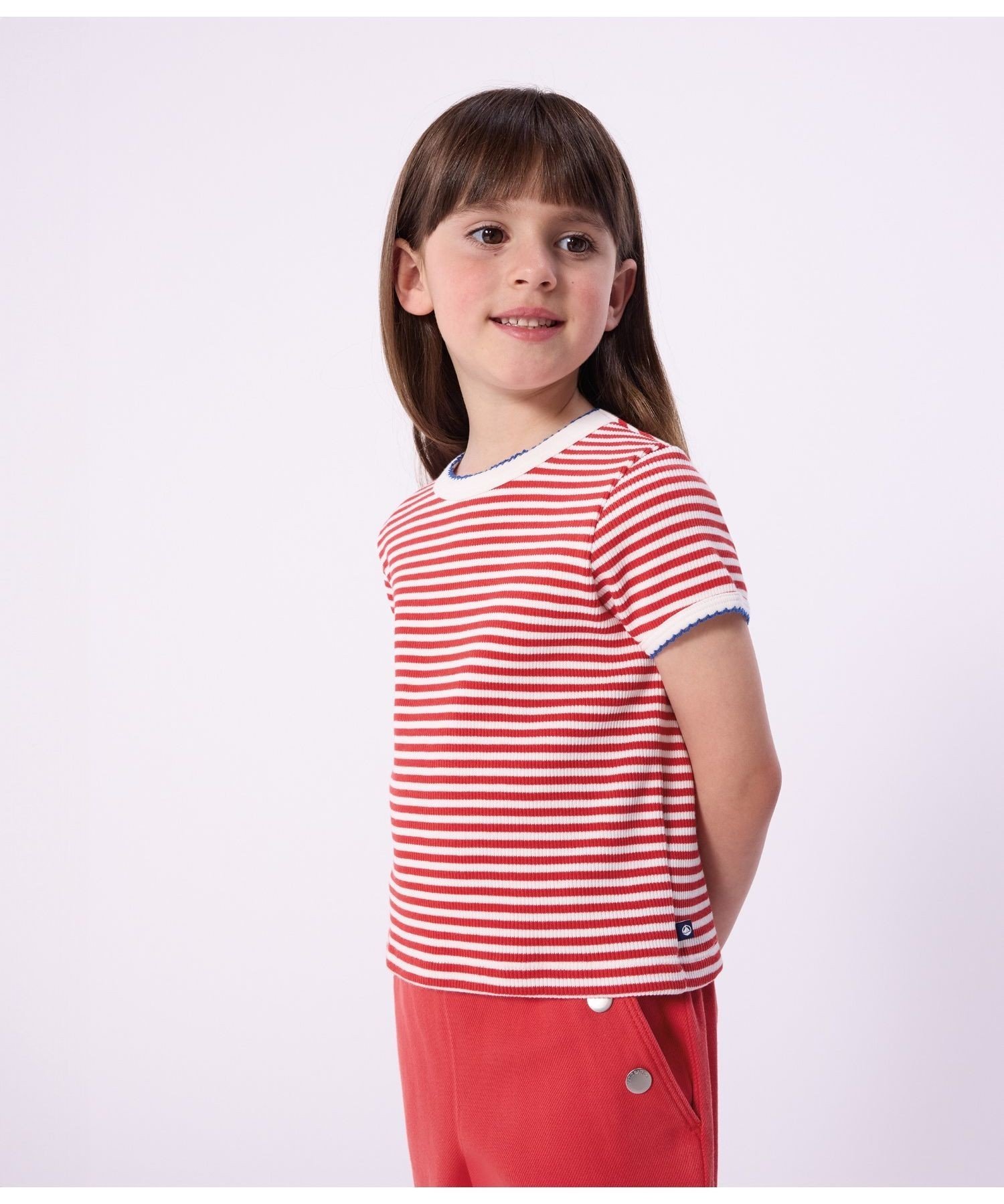 Футболка с короткими рукавами и ребристой каймой PETIT BATEAU, Red/Off White