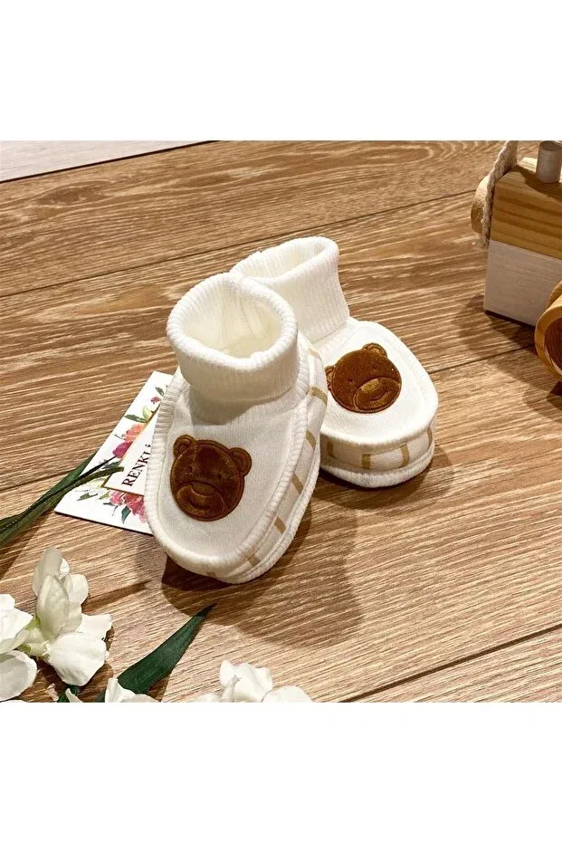 Детские пинетки из гребенной хлопковой пряжи с принтом Combed cotton baby booties suede bear printed Renkli Puset, Brown