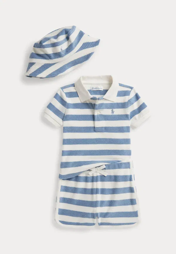 Комплект из поло и шорт с полоской, модель Striped terry polo shirt, short & hat set, Polo Ralph Lauren, синий/белый
