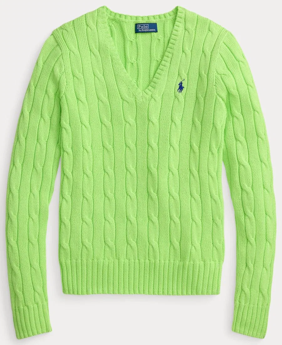 Свитер с V-образным вырезом из хлопка с косами Polo Ralph Lauren, Bright Leaf — фото 2