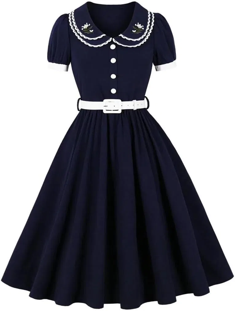 Женское повседневное платье с цветочной вышивкой, Navy Blue
