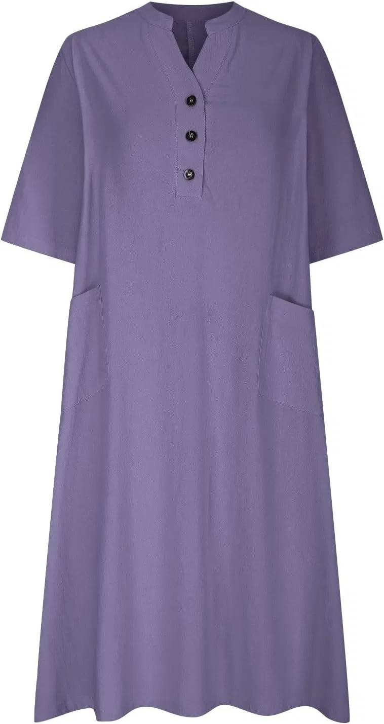 Женское летнее льняное платье макси с пуговицами, Purple — фото 3