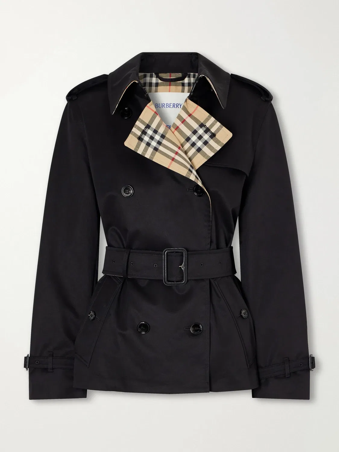 Двубортный тренч из хлопковой габардины в клетку с поясом Burberry, черный
